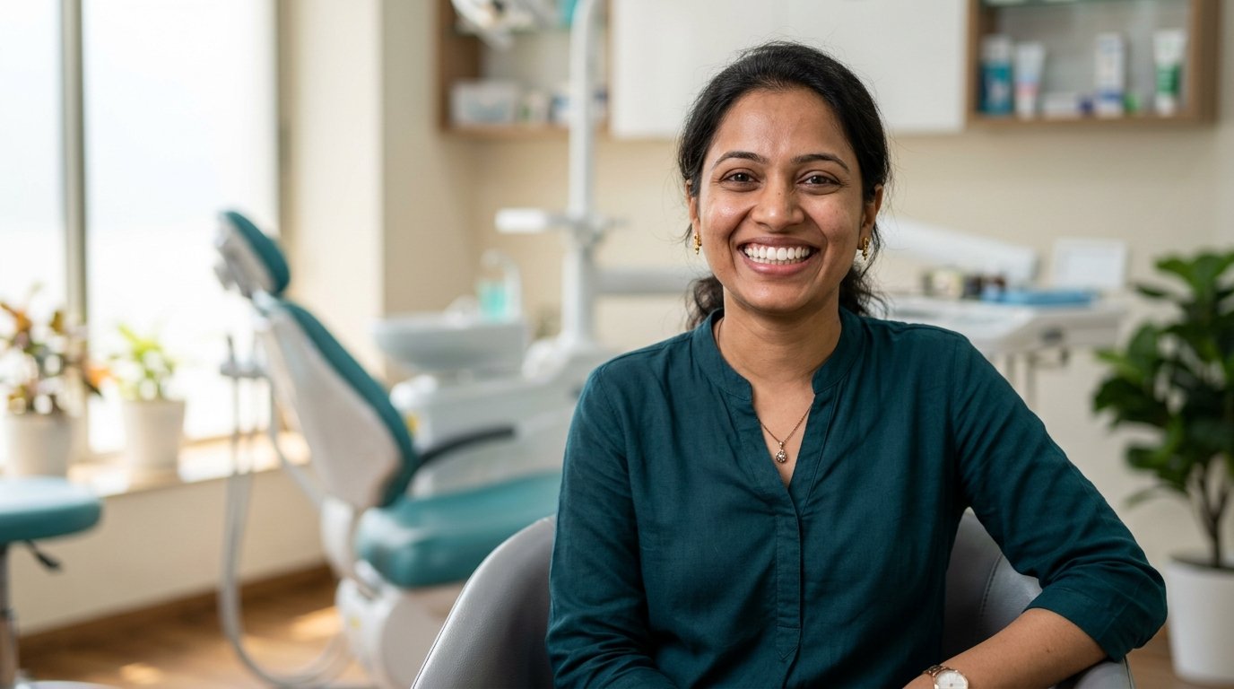 Smiling Indian patient with natural healthy teeth at Dr Gandhi Dental Clinic